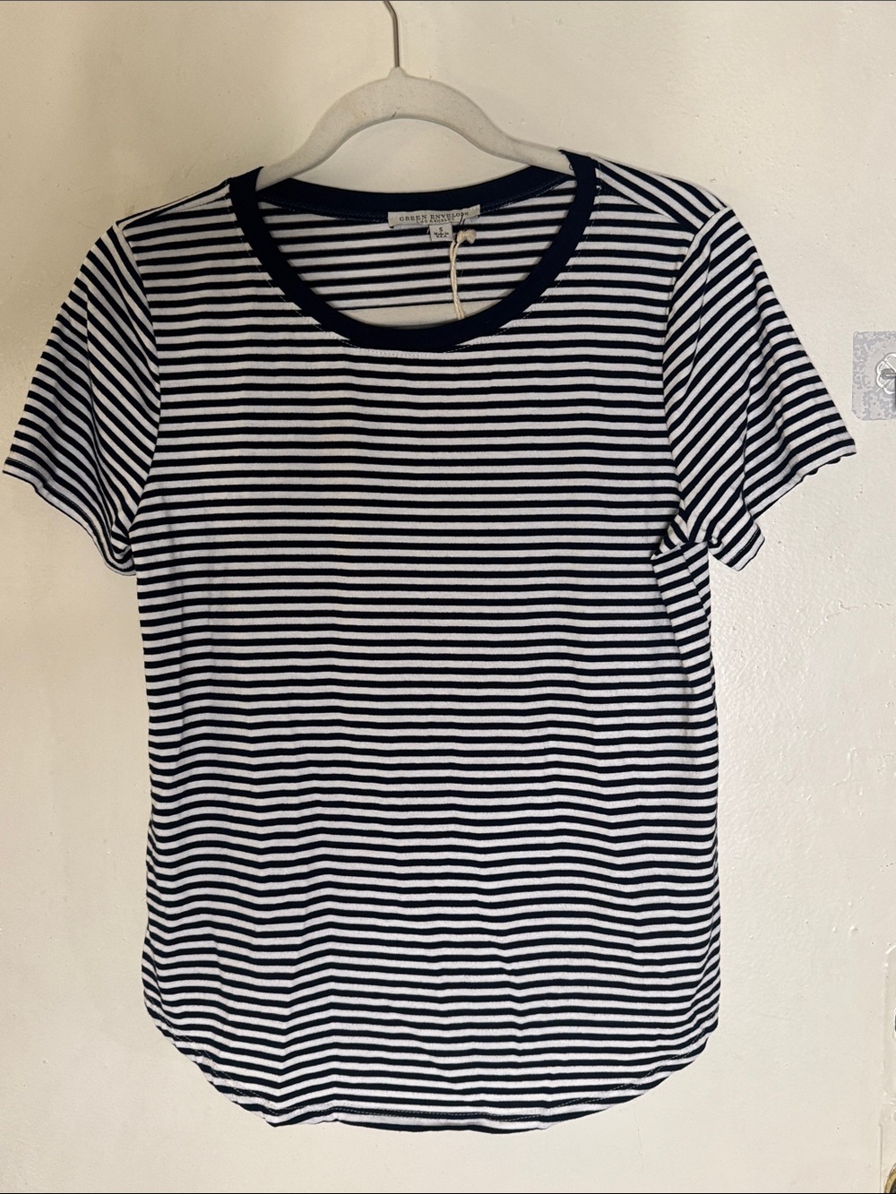 NWT Green Envelope Navy and White Striped Short Sleeve Tee